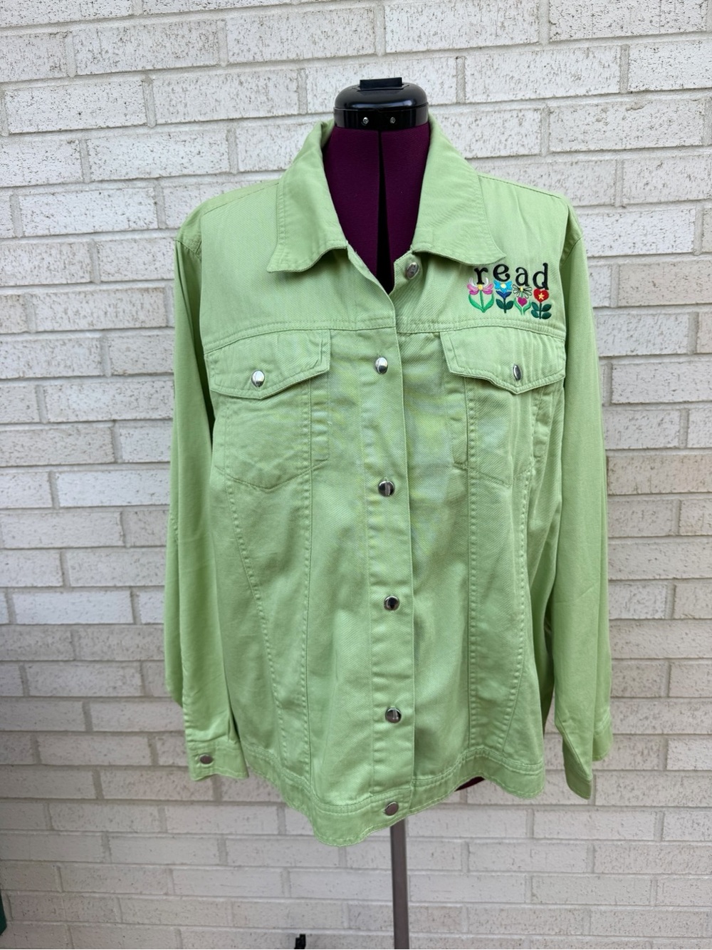NWOT LasOlas Vintage Green Jean Cargo Jacket Embroidered Read Flowers Women’s 2X